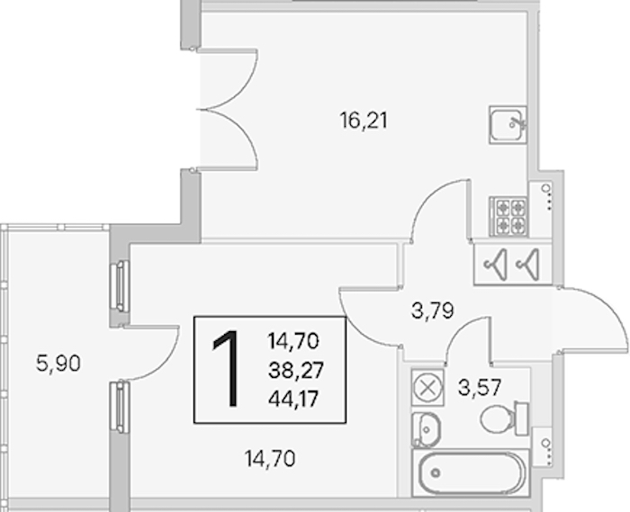 1-комнатная квартира 38.27 м², 4/4 эт., ЖК «Любоград в Стрельне»